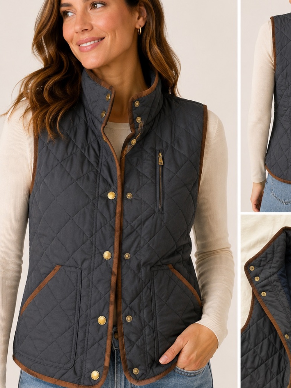 Lauren Ralph Lauren Quilted Vest in Dark Gray with Brown Trim